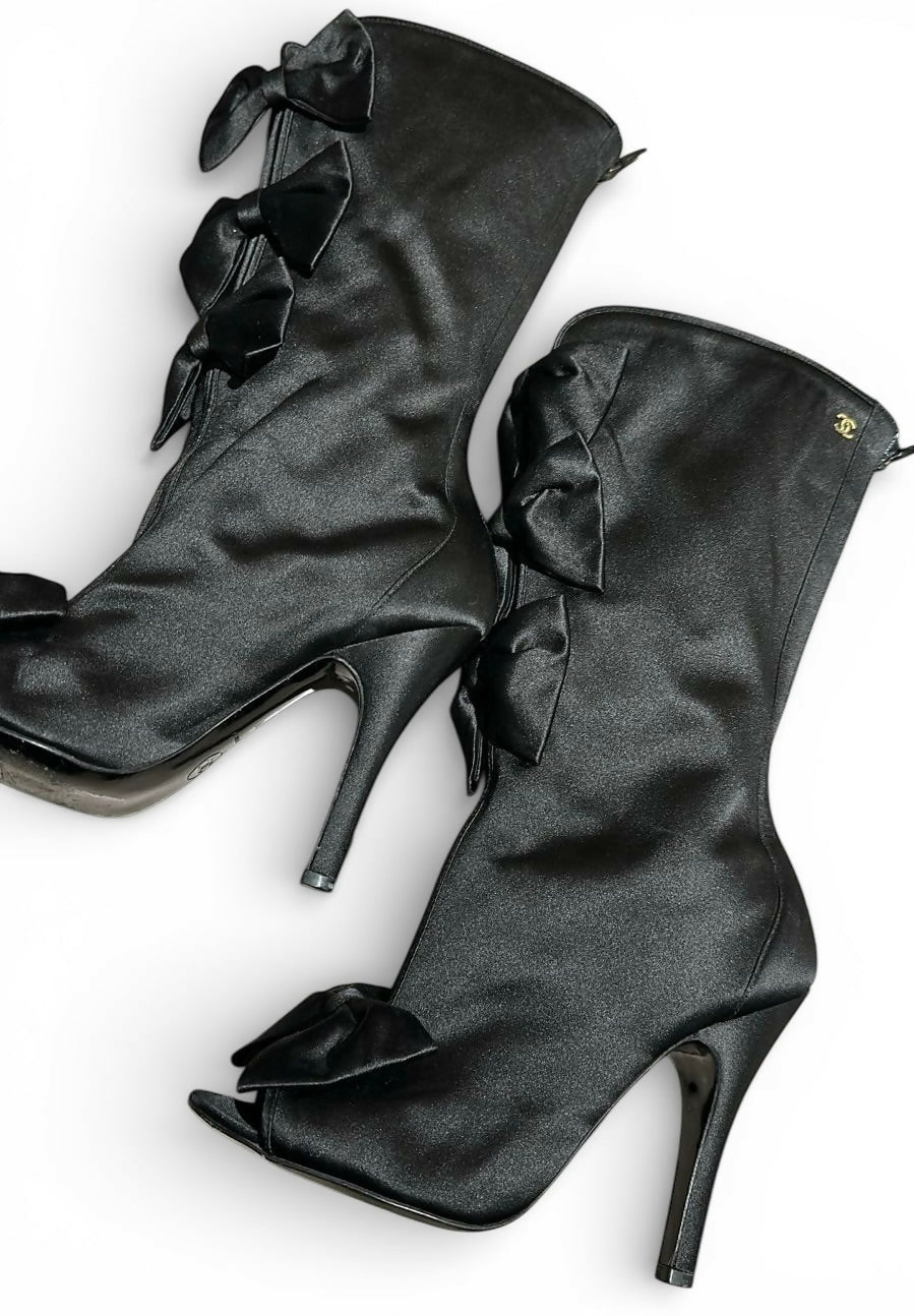 Chanel 09P Black Satin CC Bow Mid Calf Peep Toe Booties Ankle Boot Heels