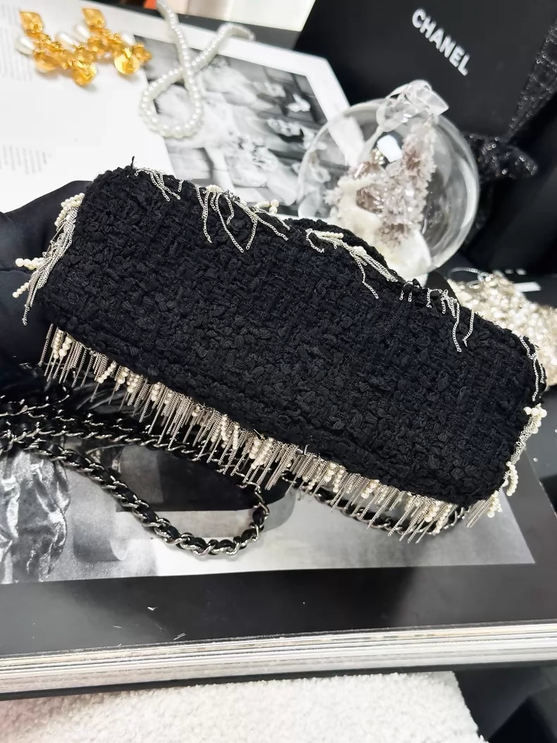 Chanel 23S black and silver tassel pearl leather tweed square flap bag