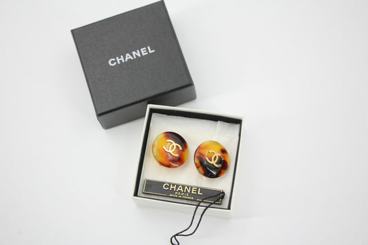 Chanel Vintage 97P Tortoiseshell Round Brown Earrings