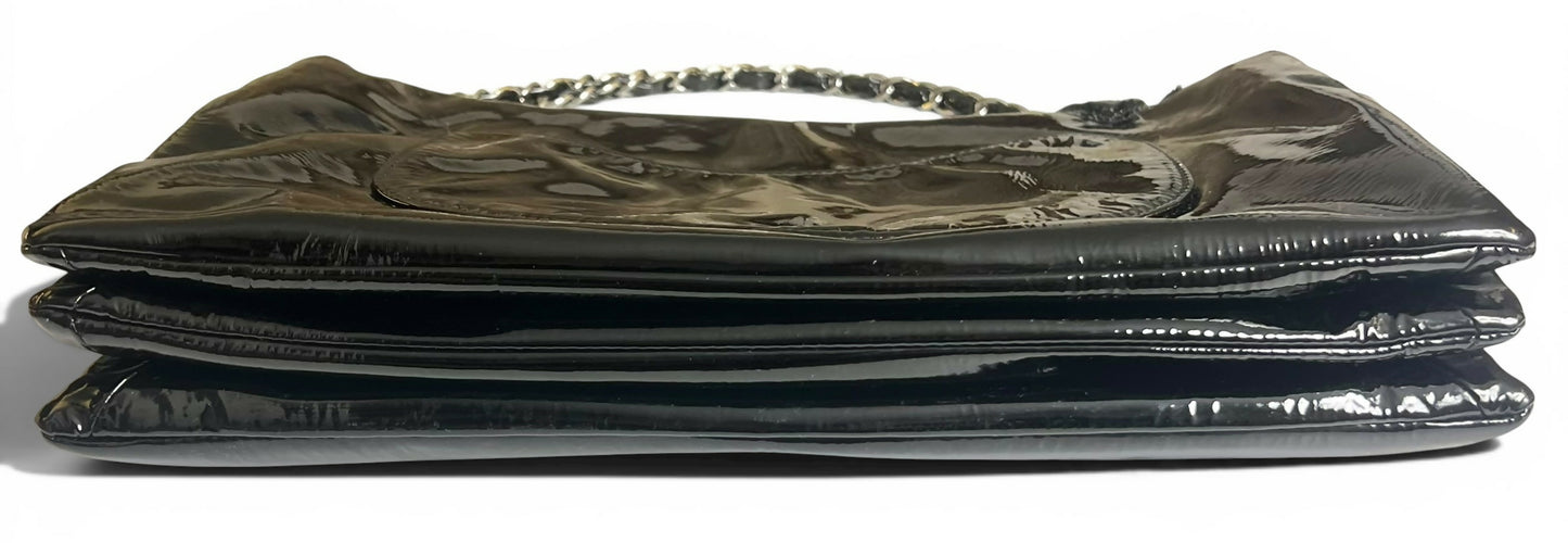 Chanel 10A Paris-Shanghai Jumbo Black Patent Leather Camellia Petals Accordion Flap Bag SHW