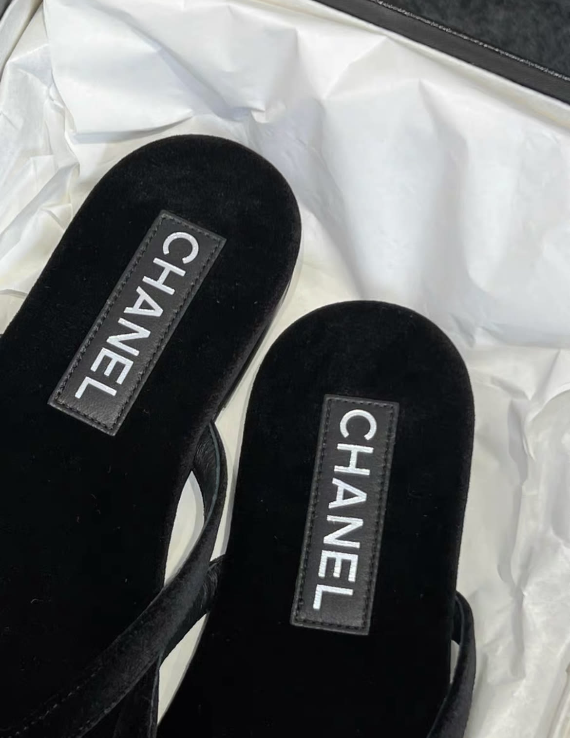 Chanel 24S black velvet diamond CC slippers