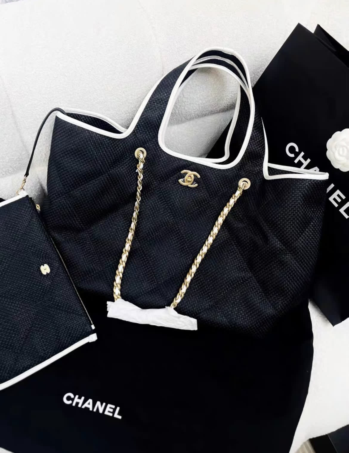 CHANEL 2023 Black Raffia Calfskin Coco Maxi Beach Shopping Tote w