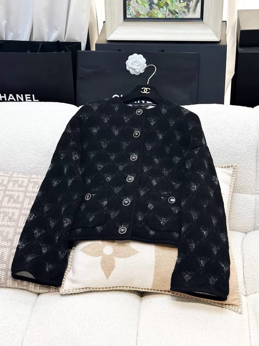 Chanel 21B black/grey cashmere quilted cardigan w