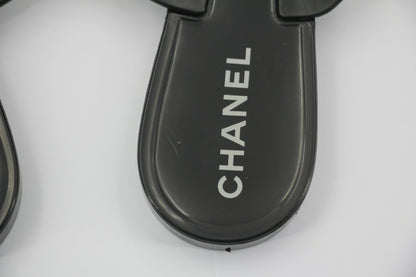 Chanel Rubber Black Leather Cream Camellia Sandals