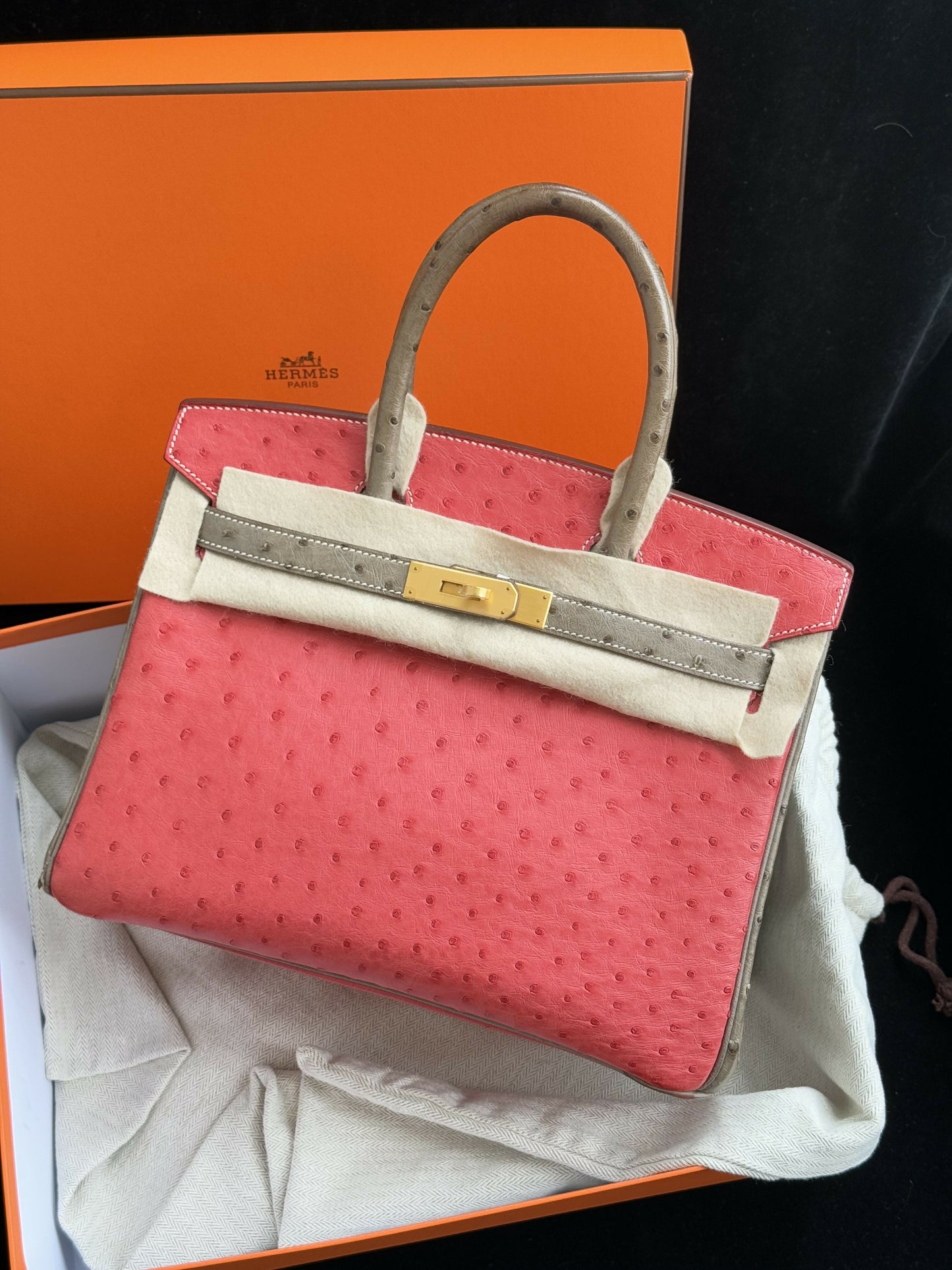 Hermès Special Order (SO) Birkin 30 Bougainvillea / Gris Tourterelle Ostrich Leather with Brushed Gold Hardware