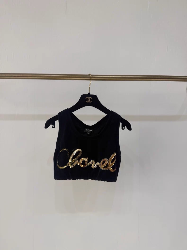 Chanel 22S black sequined velvet cropped top