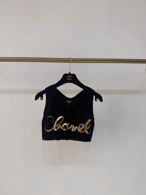 Chanel 22S black sequined velvet cropped top