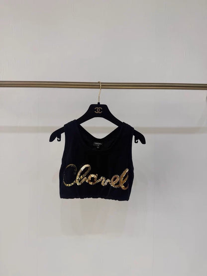 Chanel 22S black sequined velvet cropped top