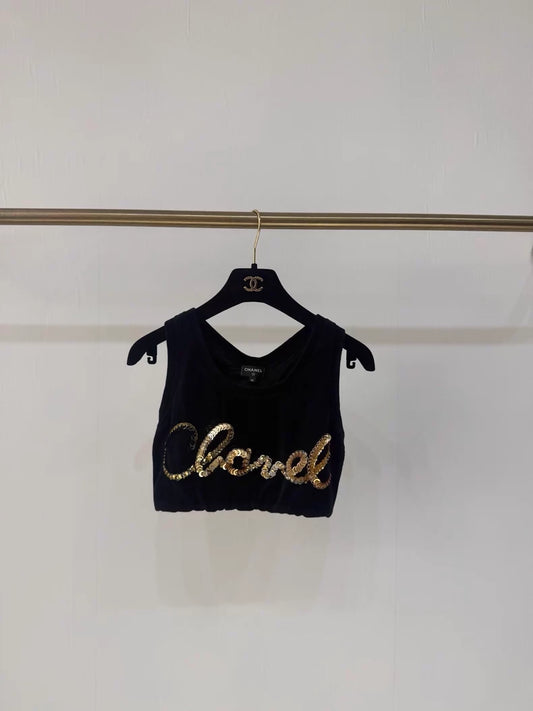 Chanel 22S black sequined velvet cropped top