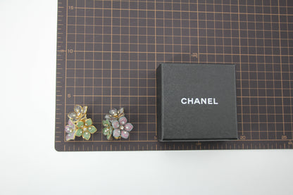 Chanel Vintage 71-80 Rhinestone Pink and Green Flower Earrings