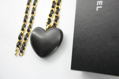 Chanel Vintage 91 Wooden Heart CC & Leather Chain Necklace