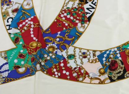 Chanel 100% Silk Beige Jewelry Pattern Scarf