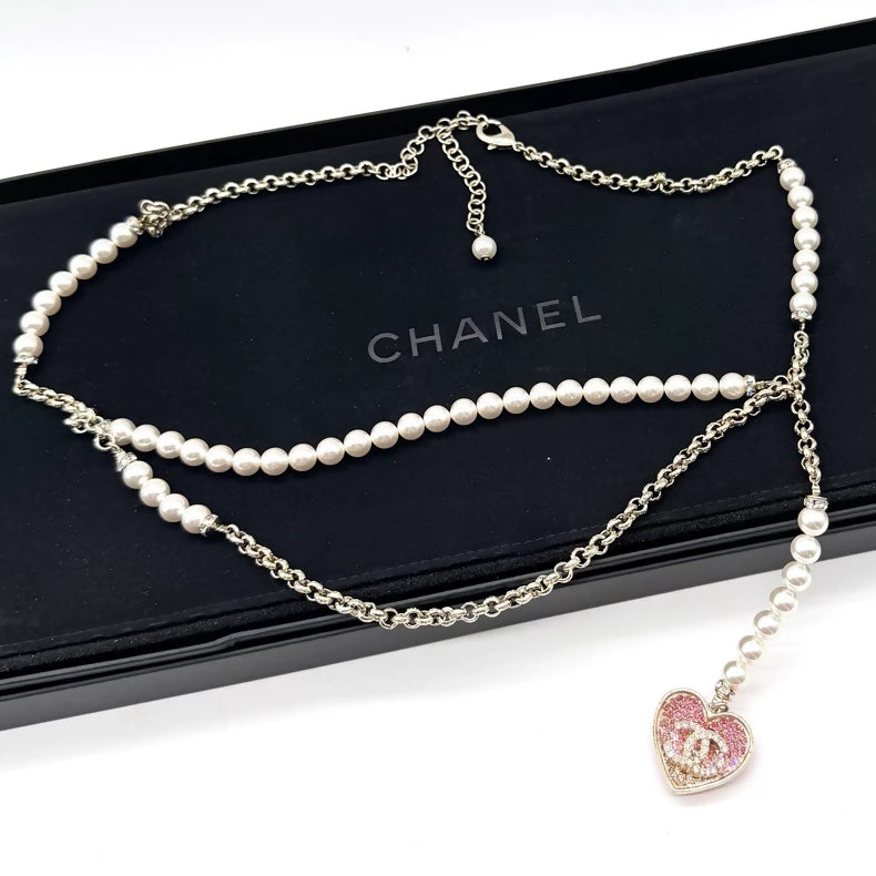 Chanel pink diamond heart pearl double-layer waist chain