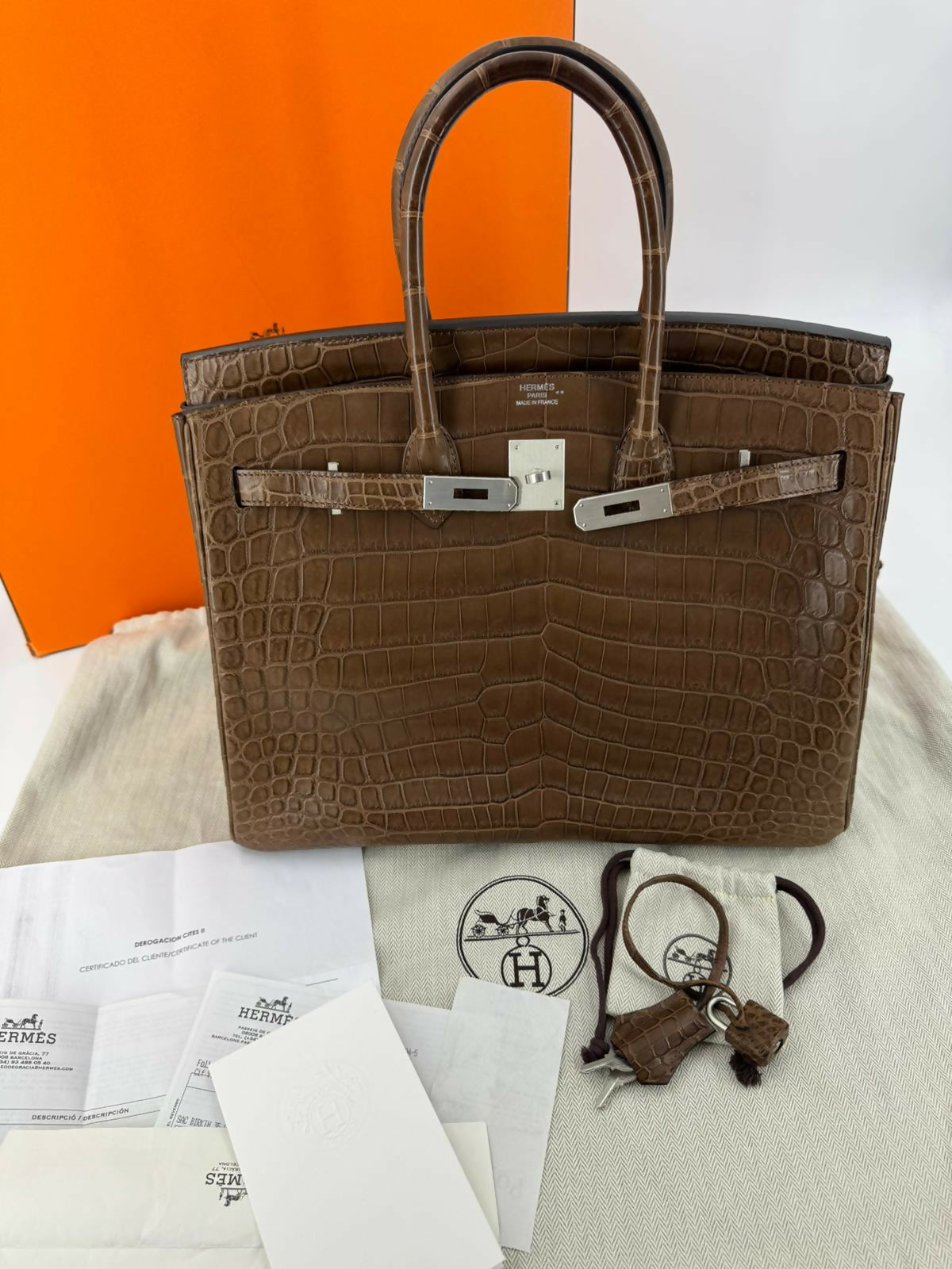 Hermès Birkin 35 Gris Éléphant Matte Niloticus Crocodile with Palladium hardware