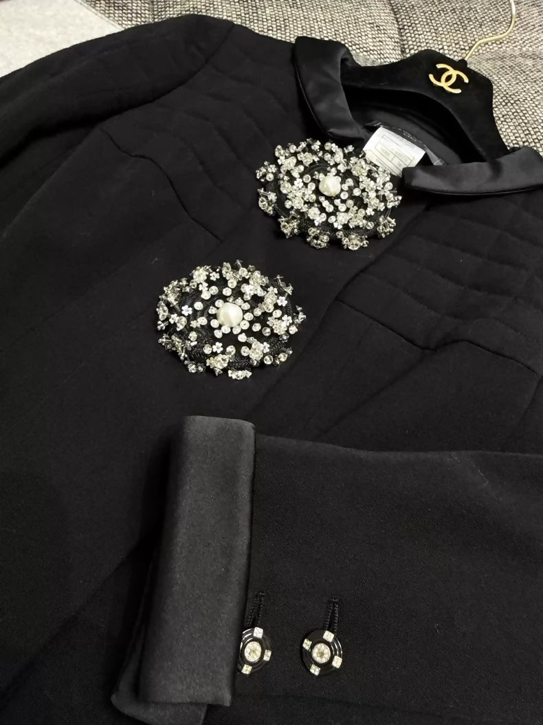 Chanel 06A black embroidered crystal button tweed jacket and skirt