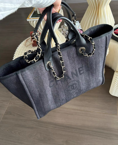 Chanel dark denim woven beach bag tote