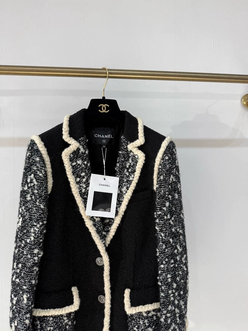 Chanel 19K Black Tweed Jacket with White Trim