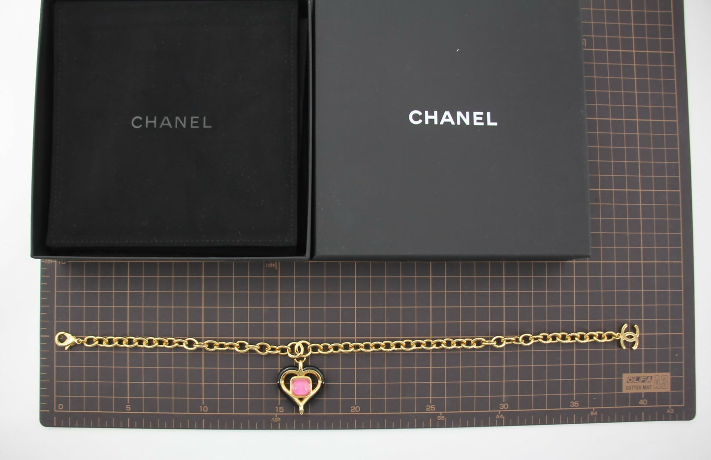 Chanel B23C Metal Black and Pink Heart-Shaped Pendant Gold Chain Necklace