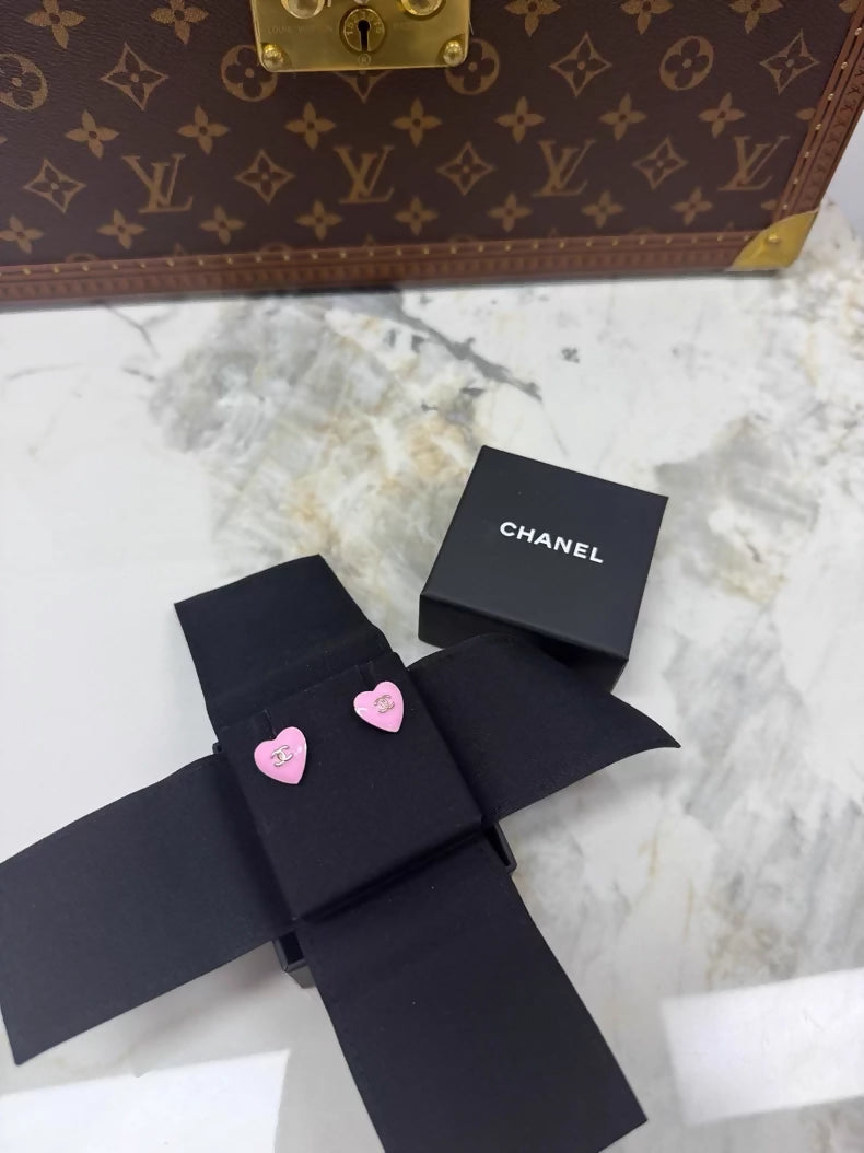 Chanel 25B Pink Heart Light Gold Double C Stud Earrings