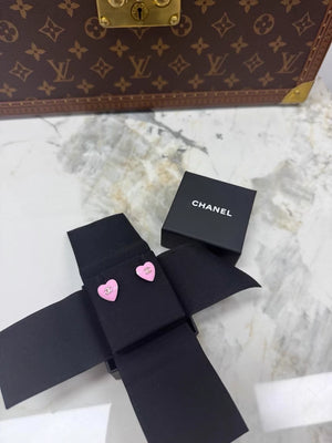 Chanel 25B Pink Heart Light Gold Double C Stud Earrings