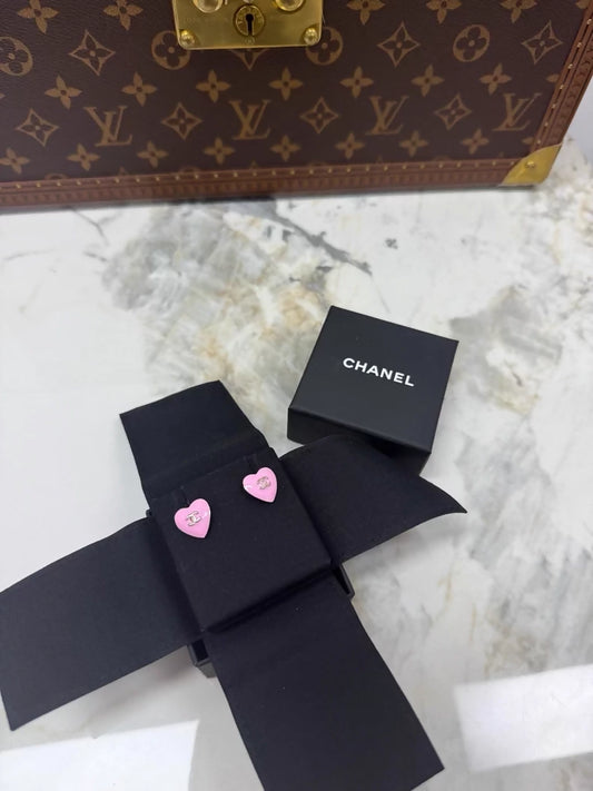 Chanel 25B Pink Heart Light Gold Double C Stud Earrings