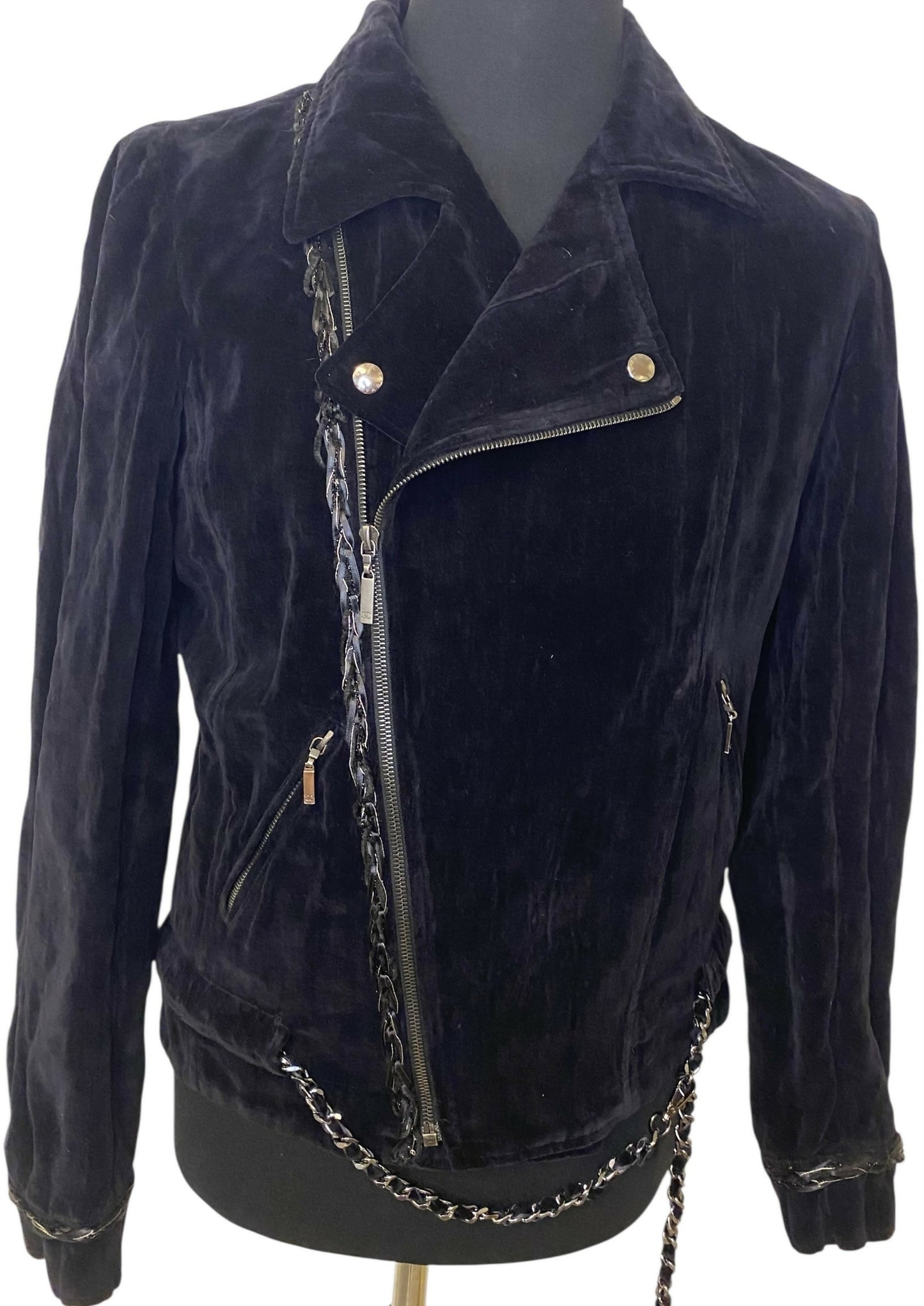 Chanel 06A Black Washed Velvet Bomber Biker Jacket Removable Chain Link Belt FR 48