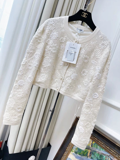 Chanel 21S ecru embroidered sequined camellia knit cardigan