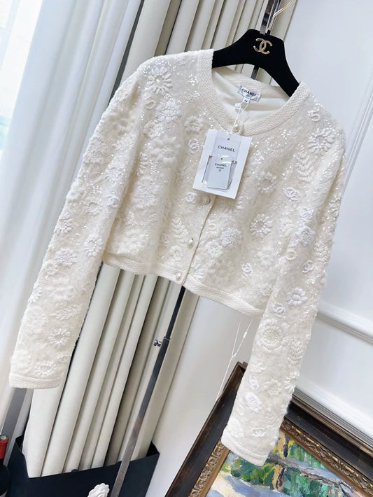 Chanel 21S ecru embroidered sequined camellia knit cardigan