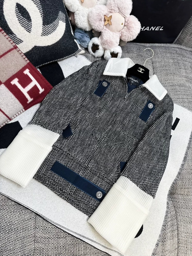 Chanel 17S blue, black and white tweed sweater