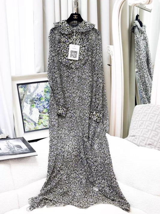 Chanel 23 floral CC print silk long dress