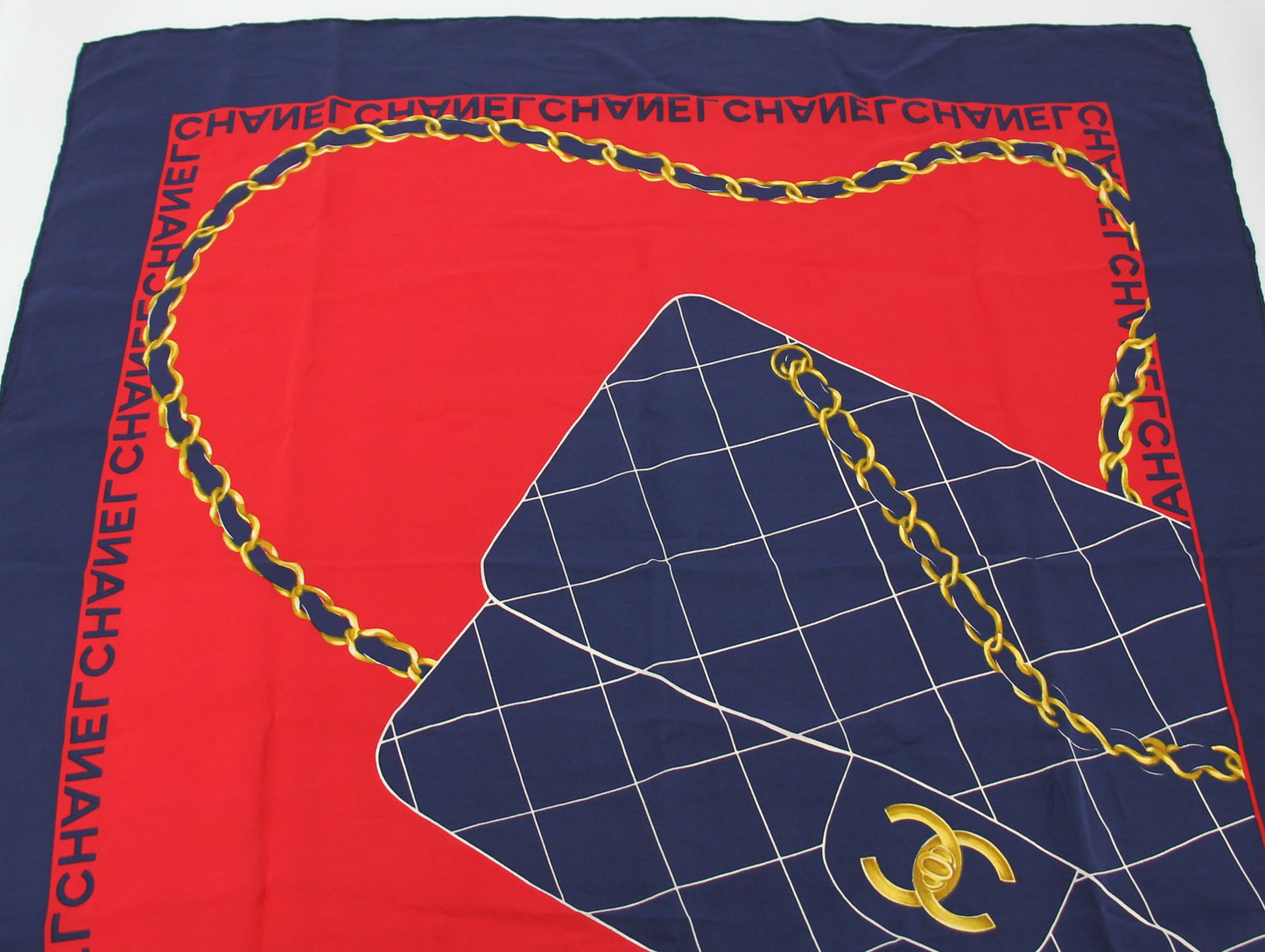 Chanel 100% Silk Navy Red Bag Pattern Scarf