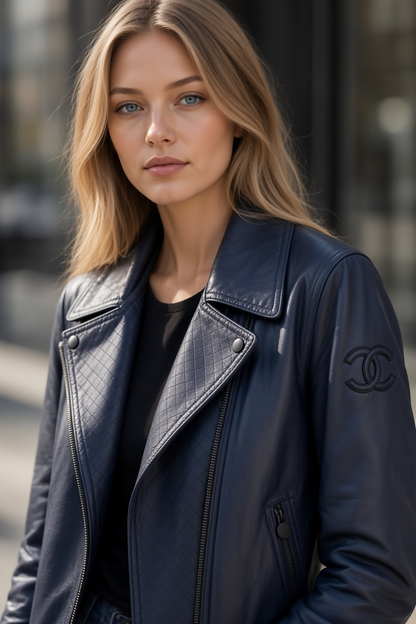Chanel 12P Dark Blue Petrol Quilted Leather Biker Jacket