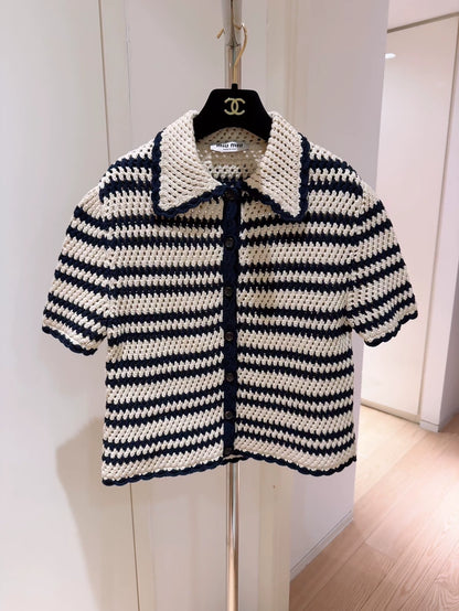 Miu Miu white and blue striped knit cardigan