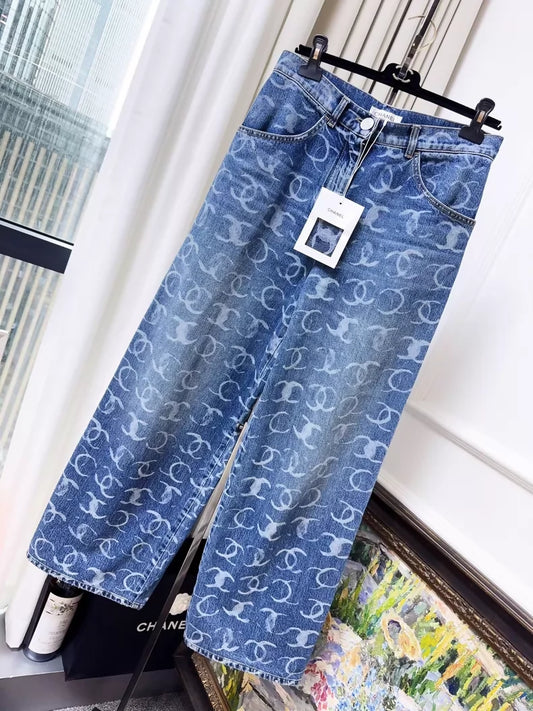Chanel 23B light blue sequined double C logo denim pants jeans