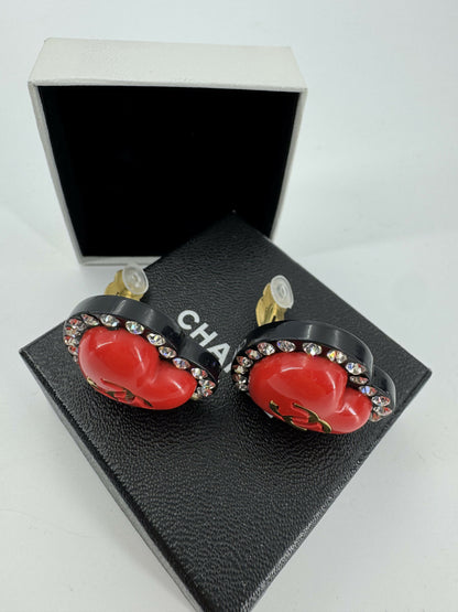 Chanel Vintage 95P Rhinestone & Gold Plated Heart-shaped Black and Red Clip-on Earrings