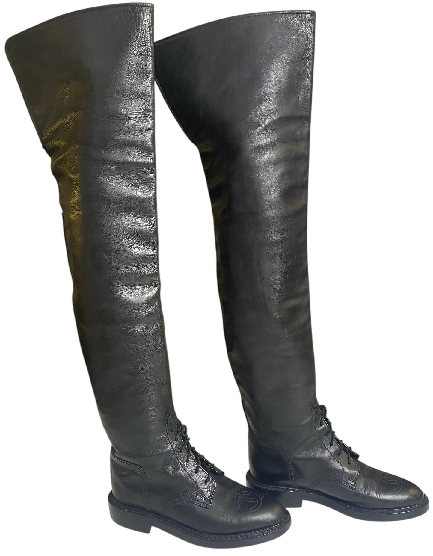 Rare Vintage Chanel 90s Claudia Schiffer Black Leather CC Riding Boots EU 36 (fits 37)