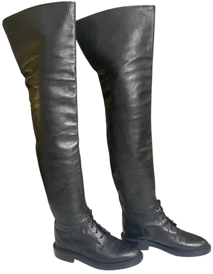 Rare Vintage Chanel 90s Claudia Schiffer Black Leather CC Riding Boots EU 36 (fits 37)