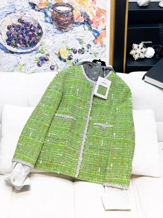Chanel 25C green hooded tweed jacket