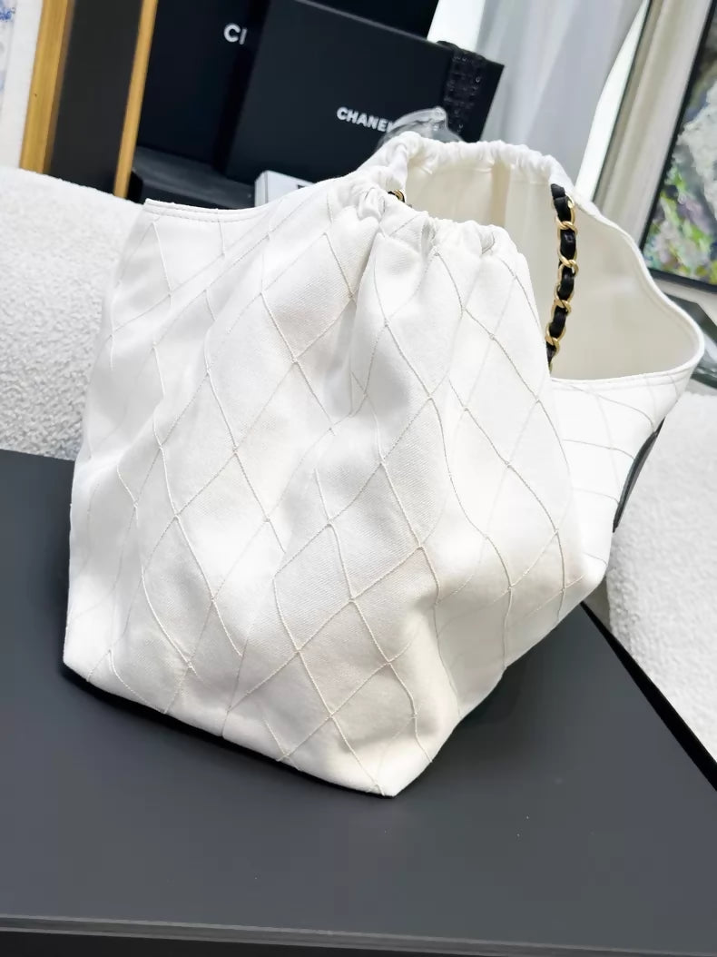 Chanel 26M black and white denim tote bag with double C logo