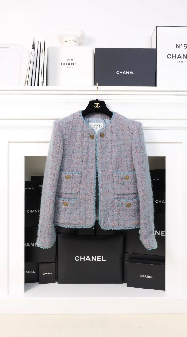 Chanel 1997 gray blue purple tweed jacket