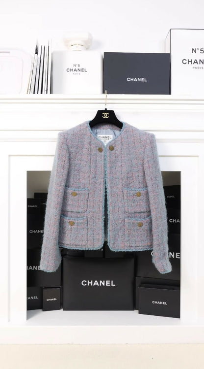 Chanel 1997 gray blue purple tweed jacket