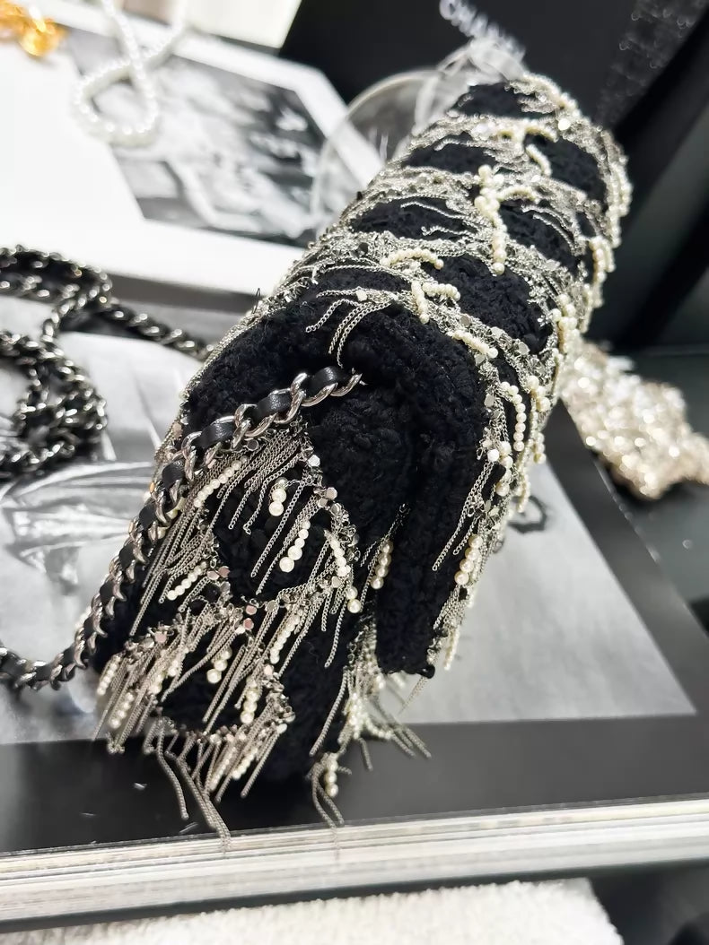 Chanel 23S black and silver tassel pearl leather tweed square flap bag