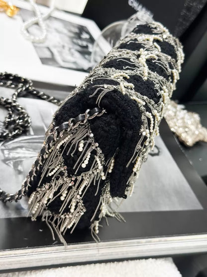 Chanel 23S black and silver tassel pearl leather tweed square flap bag