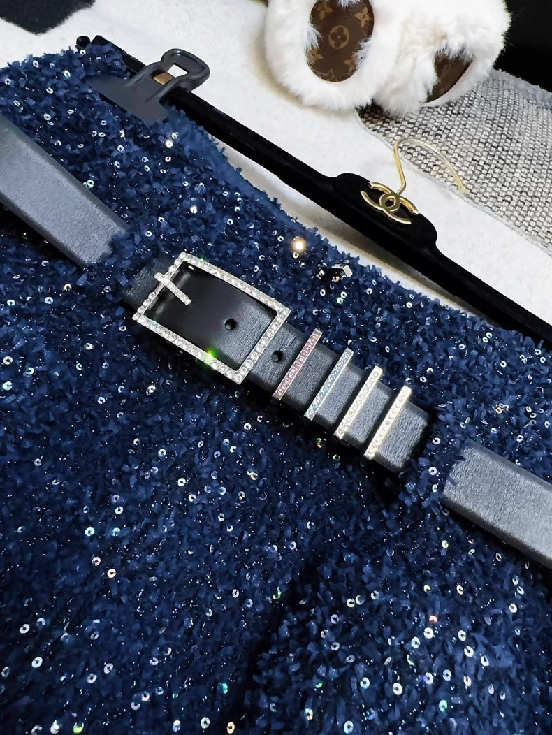 Chanel 17k Deep Blue Glam Skirt with Belt