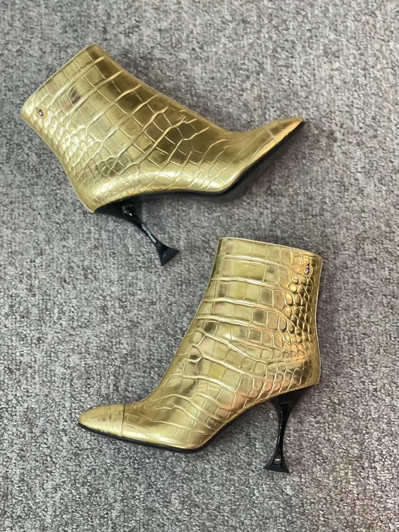 Chanel gold scarab beetle high-heeled boots