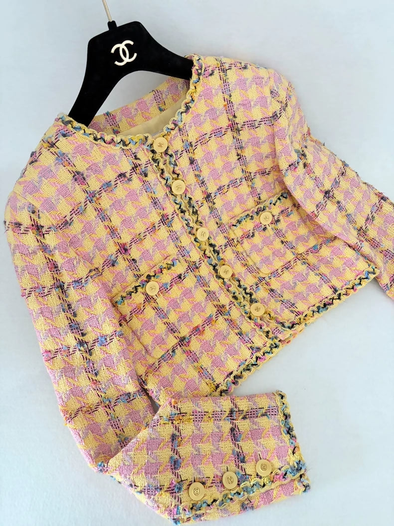 Chanel 1994 runway orange-pink houndstooth cardigan dress set
