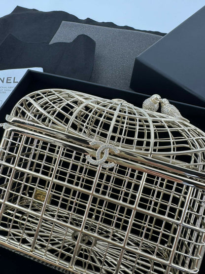 Chanel 2025 Rhinestone and Metal Embellishments Light Gold Birdcage Minaudière Bag
