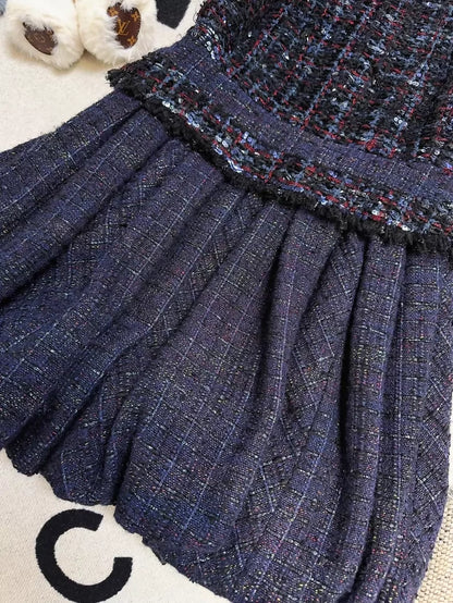 Chanel 2013 Deep Blue Pleated Sequin Tweed Dress
