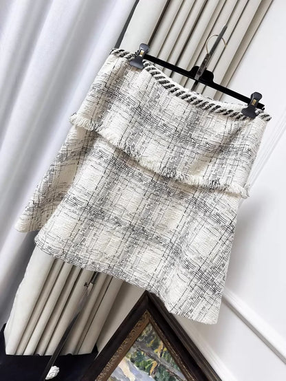 Chanel 18S Beige and Black Check Fringe Tweed Mini Skirt