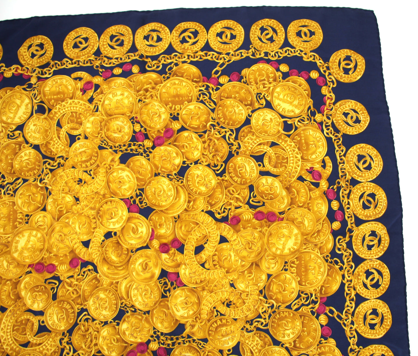 Chanel 100% Silk Navy Blue Chain and Gold Coin Pattern Scarf
